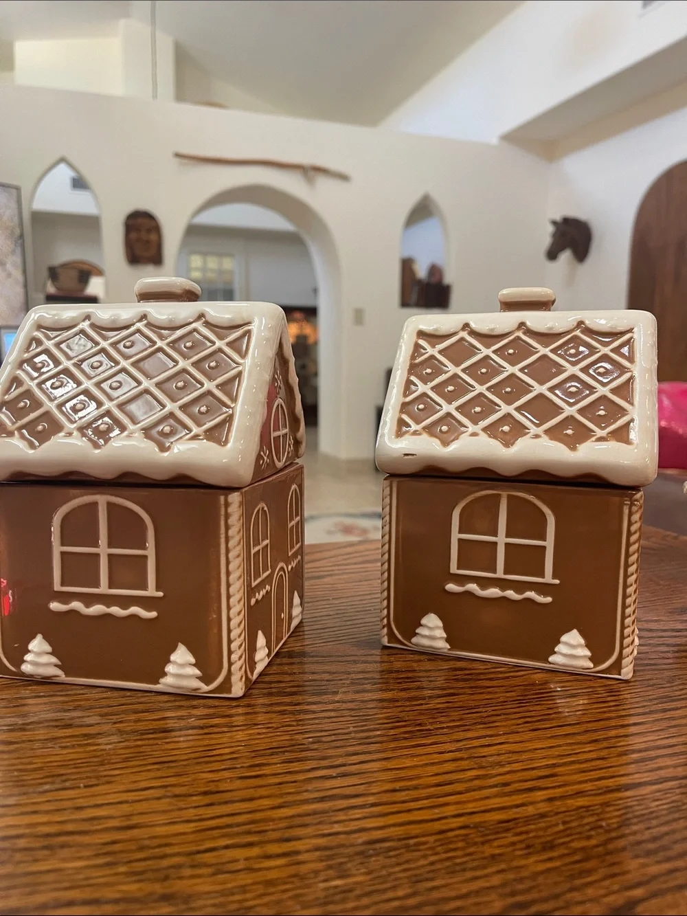 Set of 2- Holiday Ceramic Gingerbread House Canister - Brown & White